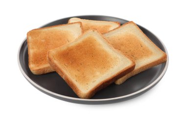 Plate with slices of delicious toasted bread on white background