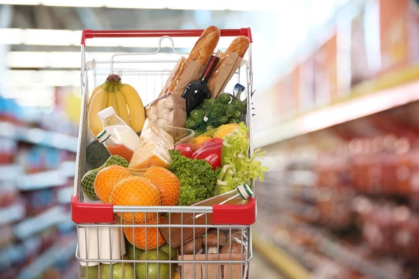 Shopping Cart Different Groceries Supermarket — Stok fotoğraf