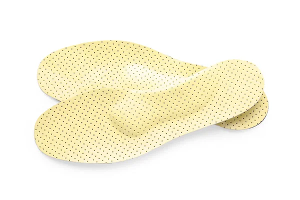Pair Beige Orthopedic Insoles White Background Top View — Stockfoto