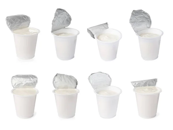 Set Delicious Organic Yogurts White Background — Stockfoto