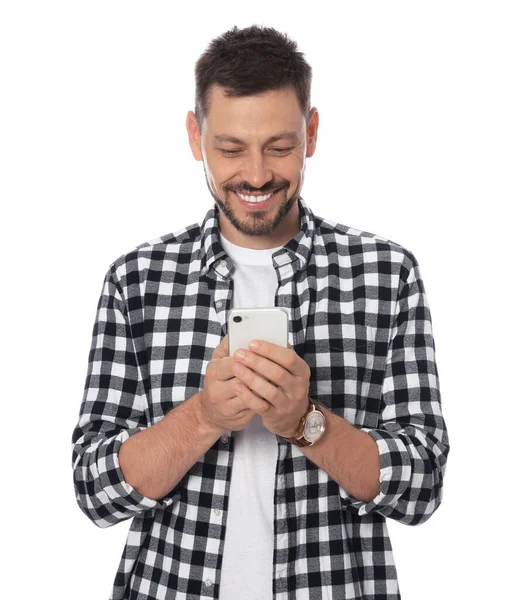 Smiling Man Smartphone White Background — 图库照片