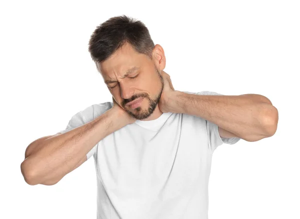 Člověk Trpící Bolesti Krku Bílém Pozadí — Stock fotografie