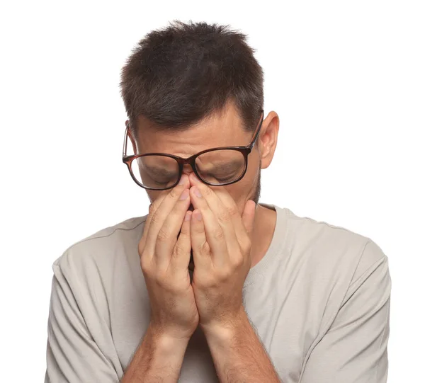 Man Suffering Eyestrain White Background — Fotografia de Stock