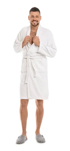 Handsome Man Wearing Bathrobe White Background — Stock Photo, Image