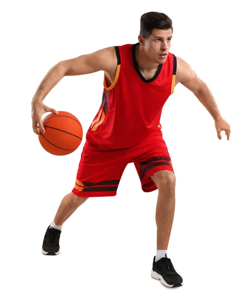 Profesjonalny Sportowiec Grający Koszykówkę Szarym Tle — Zdjęcie stockowe