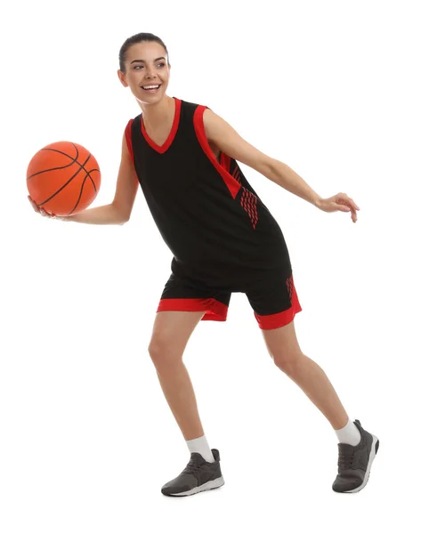 Профессиональная Спортсменка Играет Баскетбол Белом Фоне — стоковое фото