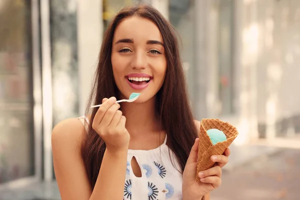 Happy Young Woman Delicious Ice Cream Waffle Cone Outdoors — Stock Photo, Image