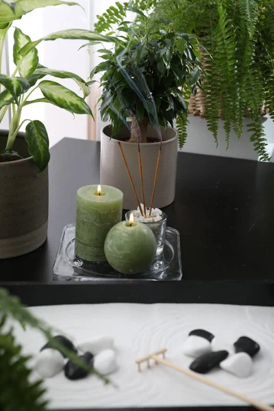 Candles Incense Sticks Miniature Zen Garden Black Table — ストック写真