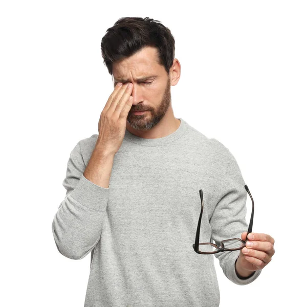 Man Suffering Eyestrain White Background — Stock Fotó
