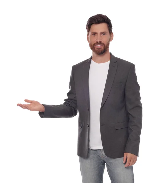 Handsome Man Gesturing White Background Weather Forecast Reporter — 图库照片