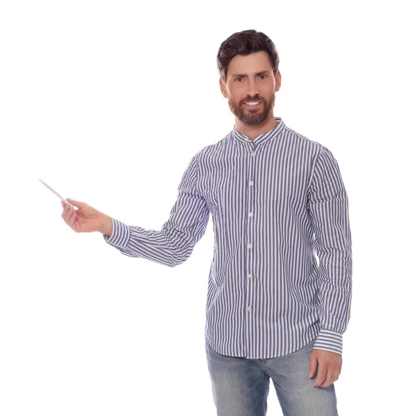 Handsome Man Gesturing White Background Weather Forecast Reporter — Stock Fotó