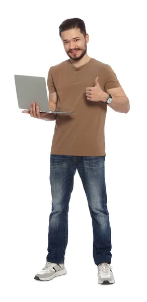 Happy Man Laptop Showing Thumbs White Background — Stockfoto