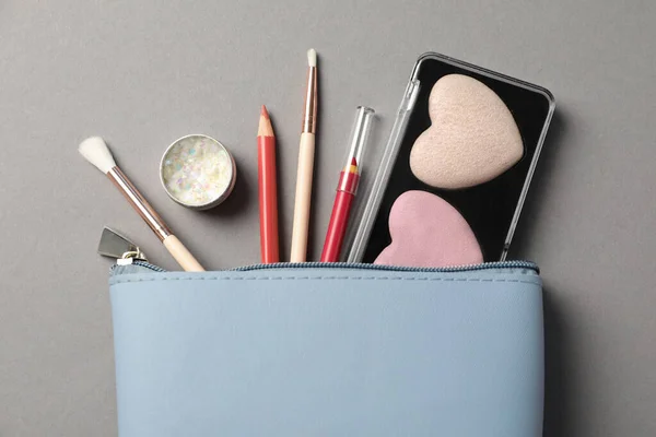 Set Makeup Products Bag Grey Background Flat Lay — Foto Stock