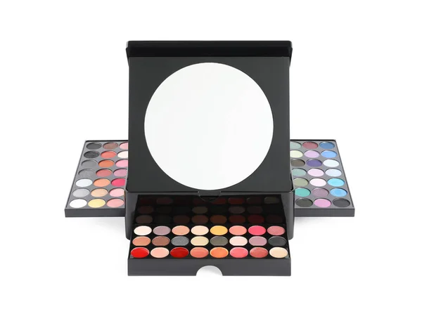 Portable Beauty Case Different Makeup Products Mirror Isolated White — 스톡 사진
