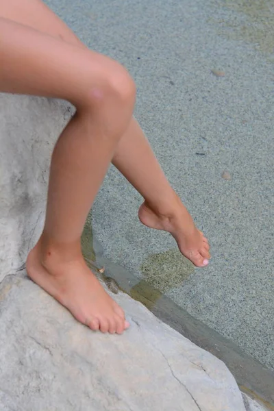 Child Testing Sea Water Temperature Foot Beach Closeup — Stockfoto