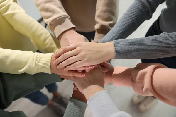 Group People Holding Hands Together Indoors View Unity Concept — Stockfoto
