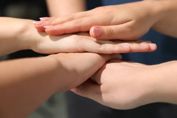 Group People Holding Hands Together Indoors Closeup Unity Concept — Foto de Stock
