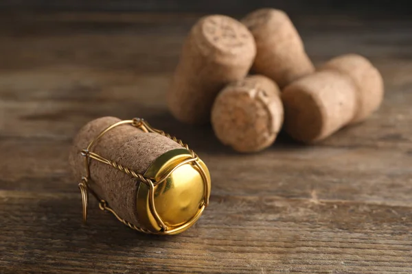Cork Sparkling Wine Muselet Cap Wooden Table Closeup Space Text — стоковое фото
