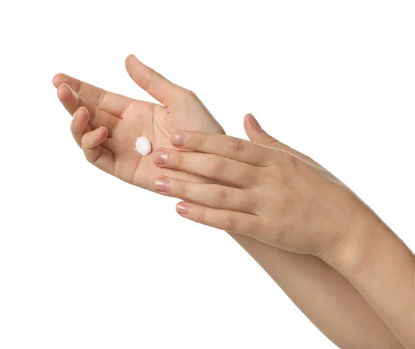 Woman Applying Cream Hand White Background Closeup — Stok fotoğraf