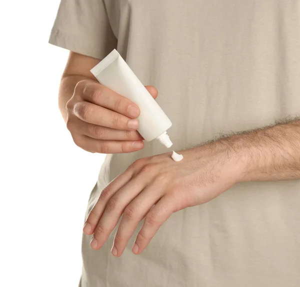 Man Applying Cream Hand White Background Closeup — Fotografia de Stock