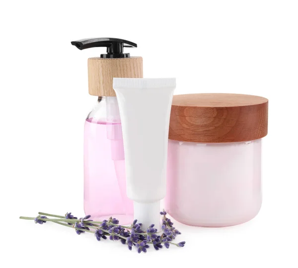 Different Hand Care Cosmetic Products Lavender White Background — стоковое фото