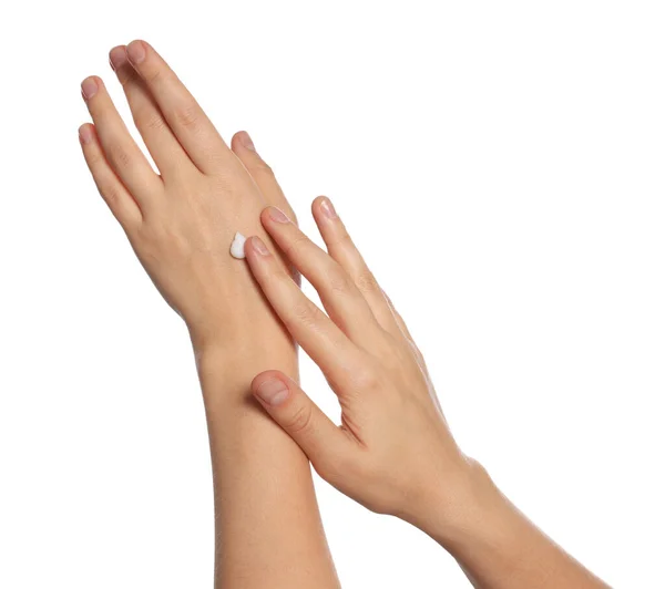 Woman Applying Cream Her Hand White Background Closeup — Fotografia de Stock