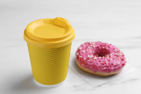 Tasty Donut Cup Hot Drink White Marble Table — 스톡 사진