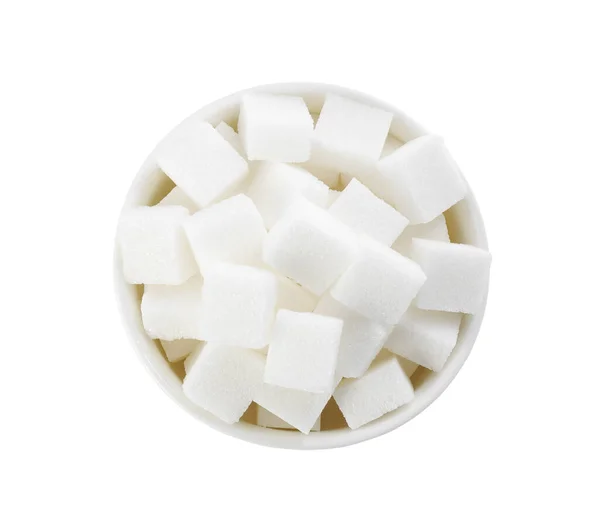 Bowl Sugar Cubes Isolated White Top View — Stockfoto