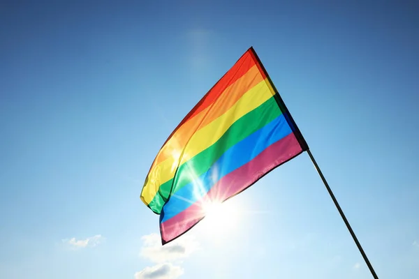 Bright Lgbt Flag Fluttering Blue Sky Space Text Lesbian Concept — Photo