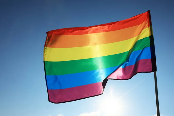 Bright Lgbt Flag Fluttering Blue Sky — Foto de Stock