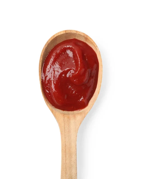 Ketchup Wooden Spoon Isolated White Top View — Stock Photo, Image