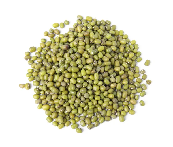 Pile Green Mung Beans Isolated White Top View Organic Grains — Stockfoto