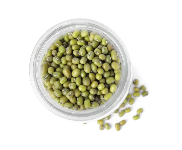 Glass Jar Green Mung Beans Isolated White Top View Organic — Foto de Stock