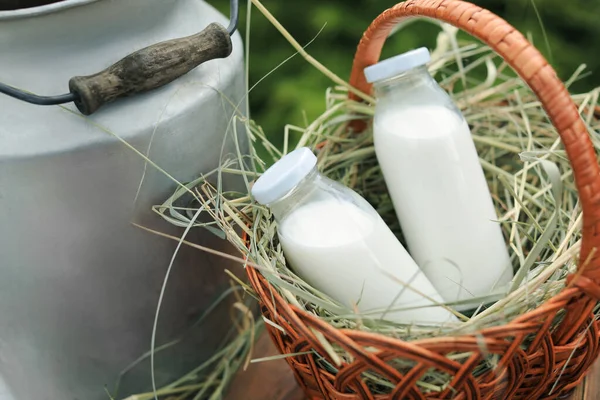 Tasty Fresh Milk Wicker Basket Outdoors Closeup — ストック写真
