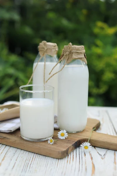 Tasty Fresh Milk Chamomile Flowers White Wooden Table Outdoors — Zdjęcie stockowe