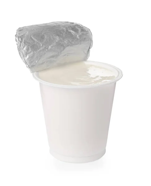 Delicious Organic Yogurt Plastic Cup Isolated White — Stockfoto
