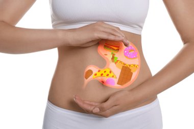 Woman with image of stomach full of junk food drawn on her belly against white background, closeup. Unhealthy eating habits
