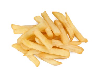 Delicious fresh french fries on white background, top view