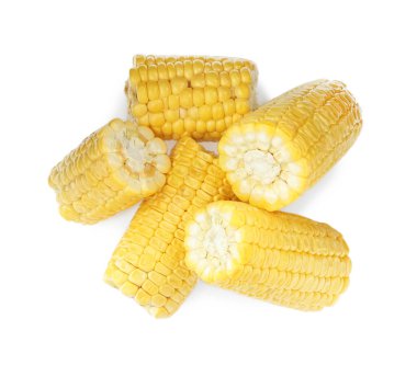 Pieces of corncobs on white background, top view