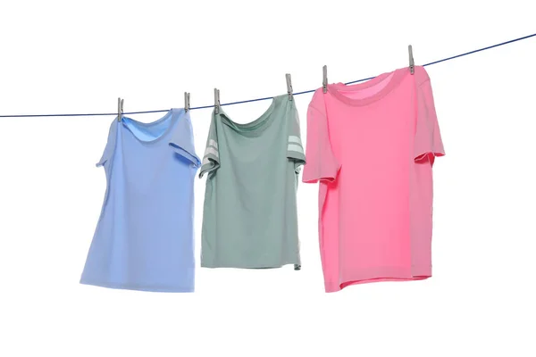 Different Clothes Drying Washing Line White Background — 스톡 사진