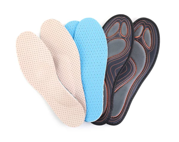 Pairs Different Insoles White Background Top View — Stock Fotó