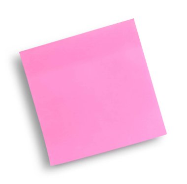 Beyaz arkaplanda boş pembe yapışkan not, üst görünüm