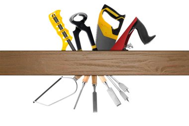 Carpentry tools and wooden surface on white background, collage