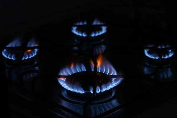 Gas cooktop with burning blue flames in darkness