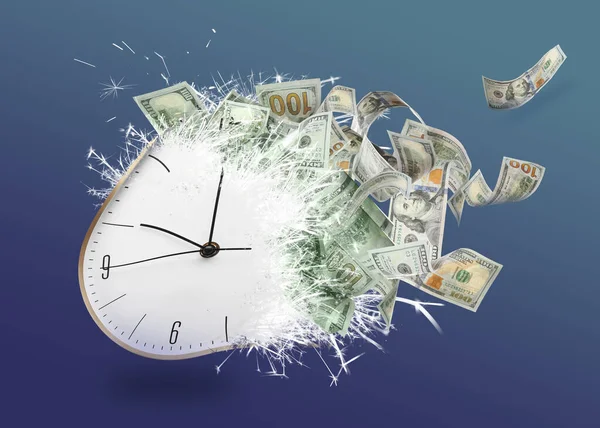 Time is money. Clock converting into dollar banknotes on blue background