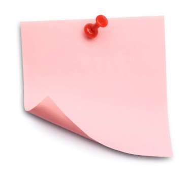 Blank pink note pinned on white background, top view