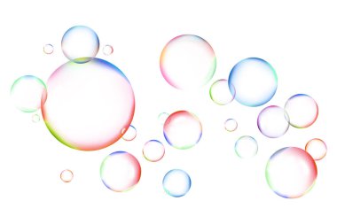 Many beautiful soap bubbles on white background
