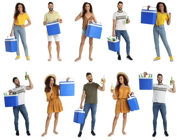 Collage Photos People Holding Cool Boxes White Background — Stock Photo, Image