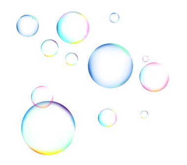 Many beautiful soap bubbles on white background