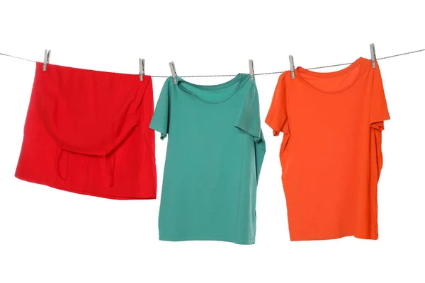 Different Bright Clothes Drying Washing Line White Background — 스톡 사진